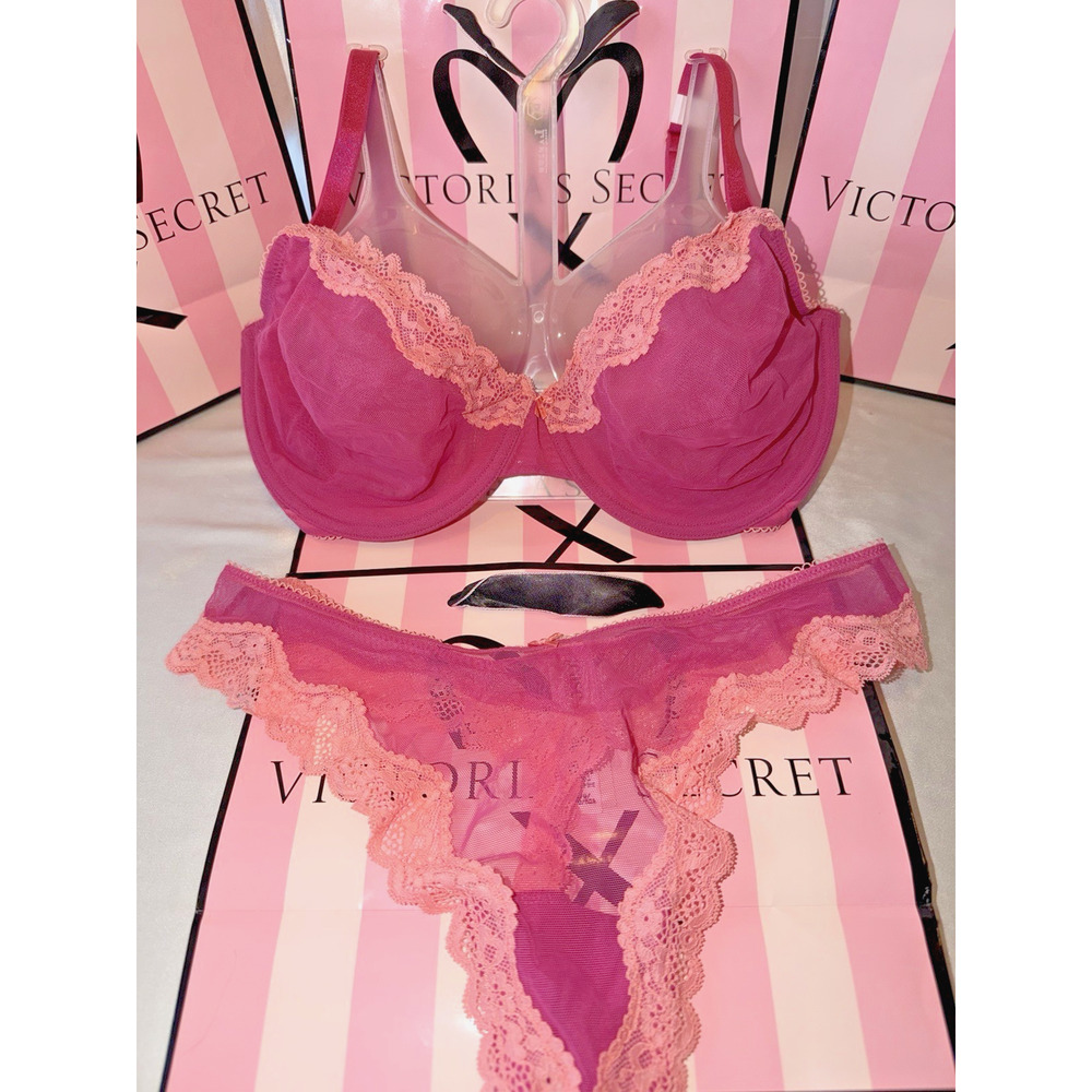 Victoria's Secret Bra Tease 34DD Medium Thong Sheer Lace Trim
